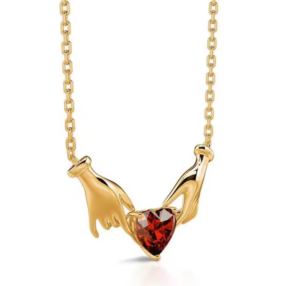 18K Gold Plated Claddagh Inspired Hands Holding Gemstone Heart Necklace - Picture 2 of 8